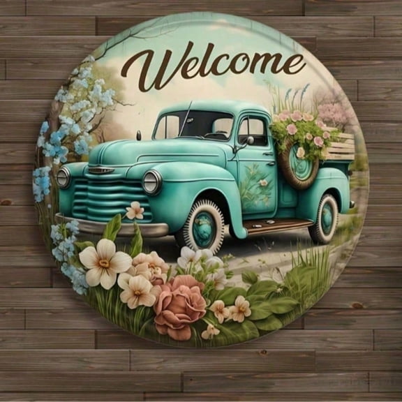HELLOYOUNG Vintage Welcome Sign Wall Decor Rustic Metal Floral Wreath Round Art for Spring Door, Home Porch Garden Hanging Decoration