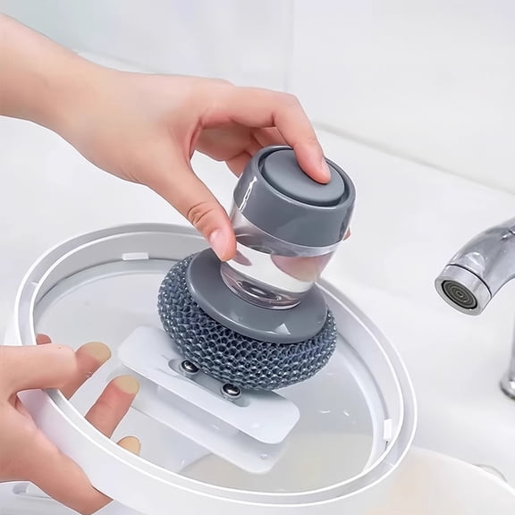 Palm Soap Dispensing Dish Brush | Kitchen Cleaning Brush with Non-Slip Grip | Fillable Handle for Dish Soap | Scrubber for Sink Pots Pans Stove Countertops