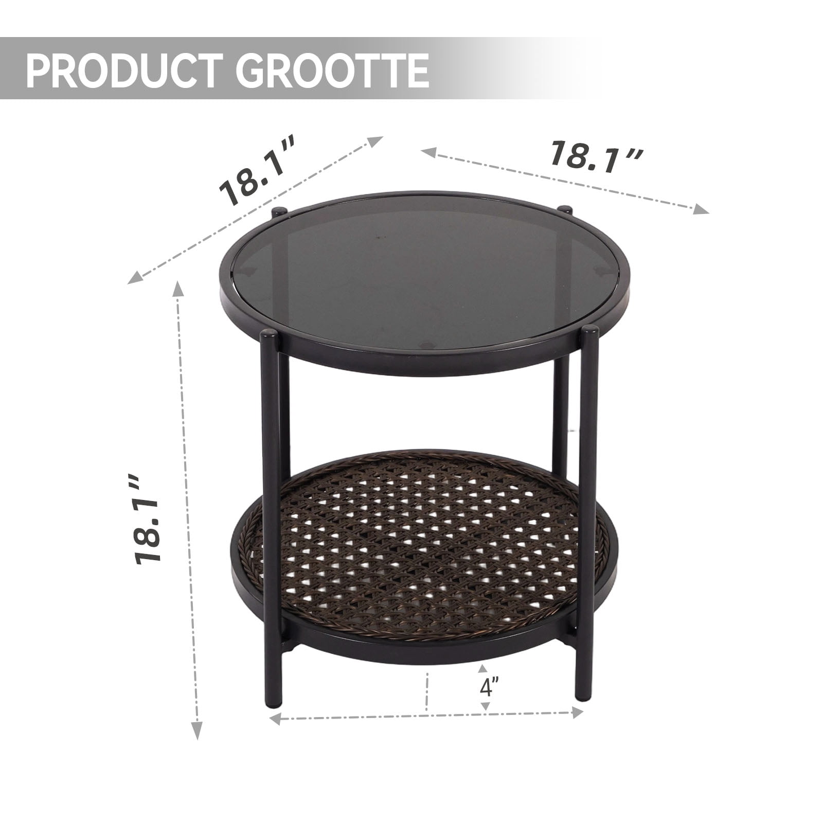 Kinbor Outdoor Wicker Side Table – Roud Patio End Table with Tempered Glass Top, Rubber Suction Pads & Storage Shelf, All-Weather Rattan Coffee Table for Balcony, Porch, Deck, Garden, Easy Assembly