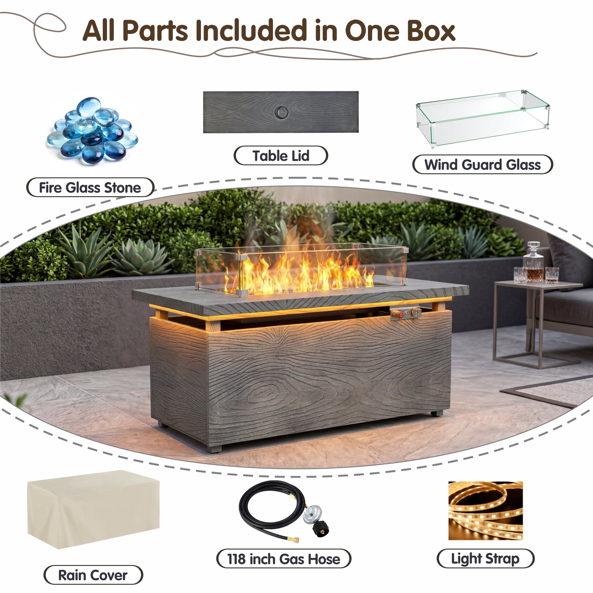 51 in. Propane Rectangular Fire Pit Table with LED Light, 50,000 BTU Coating Steel Tabletop Fire Pit (Gray Wood Grain)