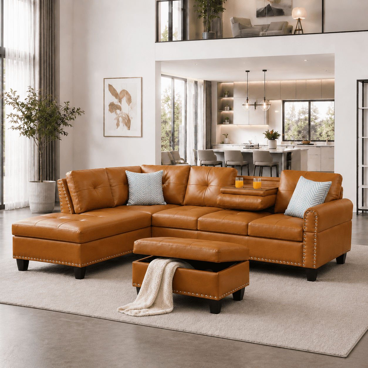 BSHTI 3-Seat Contemporary Faux Leather L-Shaped Sectional Sofa with Reversible Storage Chaise, Storage Ottoman, Cup Holders for Living Room（Ginger）