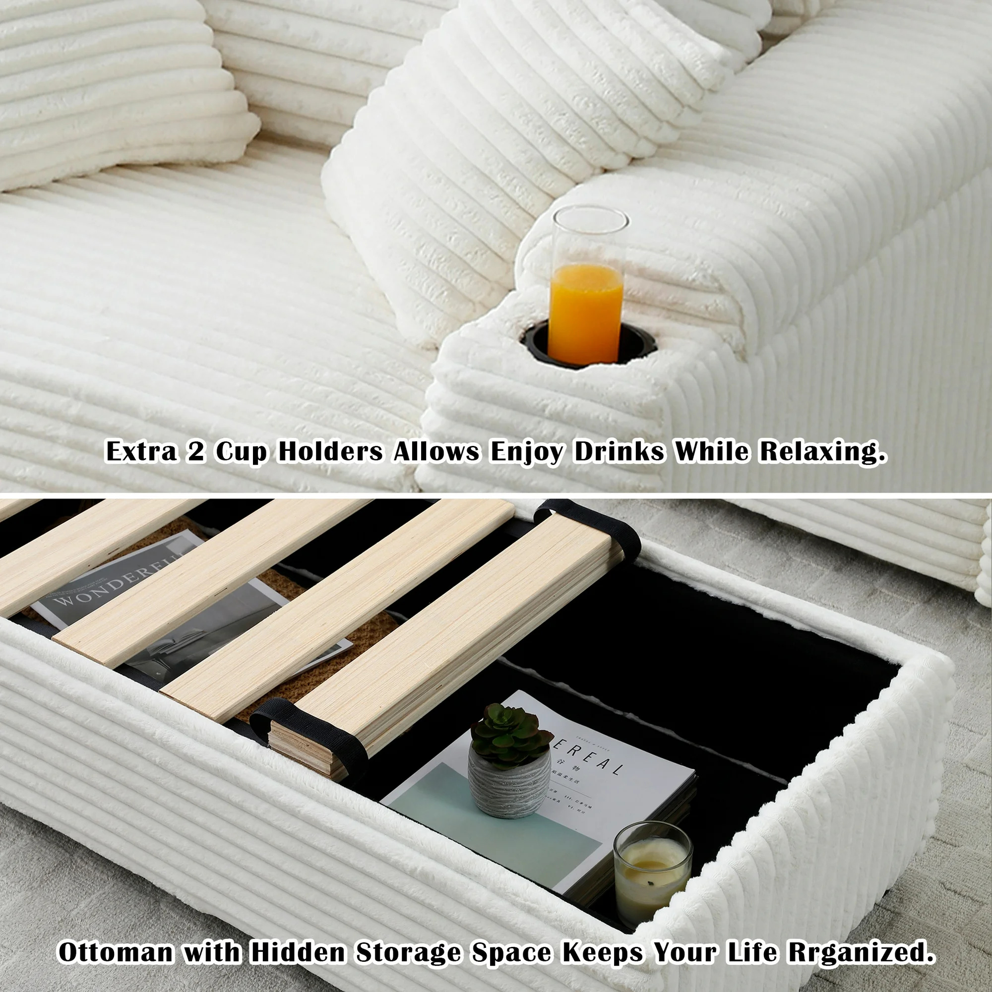 Aukfa Oversized Chaise Lounge Indoor Chair with 2 Cupholders, Storage Ottoman, 3 Pillows, Beige