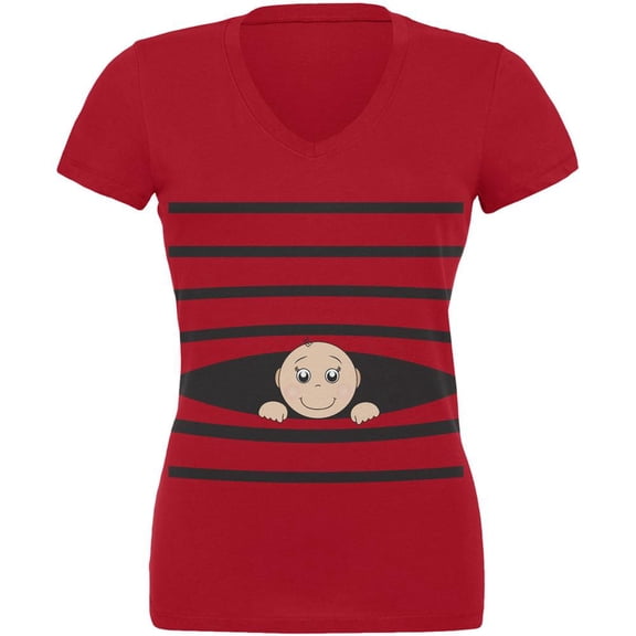 Striped Peeking Baby Red Juniors V-Neck T-Shirt - Large