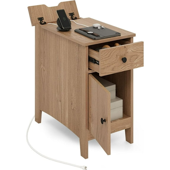 LINJH Flip Top End Table with Charging Station, Modern Side Table with Drawer, Storage Cabinet, USB Ports & Outlets, Narrow Nightstands for Small Spaces, Living Room, Bedroom-Oak-1