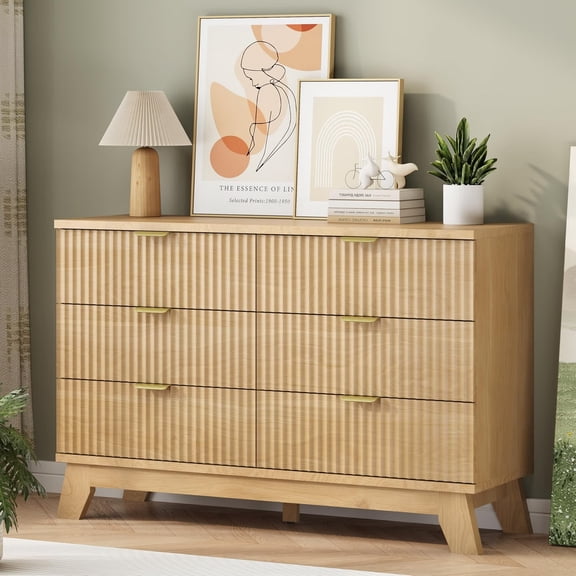 FANRAL 6 Drawers Dresser Fluted Dresser for Bedroom,Wooden Chest of Drawers Modern Dresser for Closet,Natural Oak Dresser
