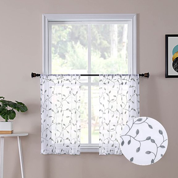 Leaves Sheer Tier Curtain Grey Leaf Embroidery Kitchen Half Curtains Rod Pocket Voile Faux Linen Embroidered Leaves Curtain for Bathroom, 30 x 36 inches Long, Set of 2 Panels