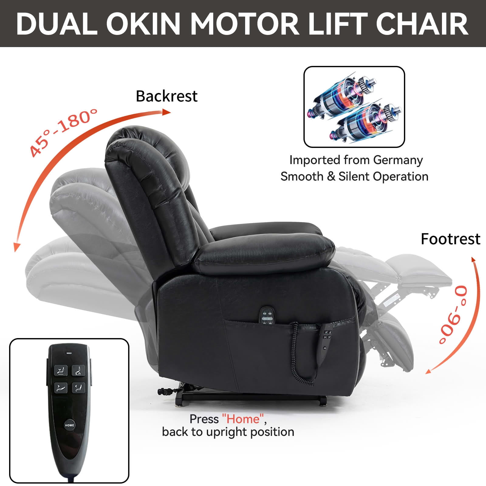 MAYEERTY Black Genuine Leather Dual Motor Power Lift Recliner, 350lbs 8-Point Massage Heat 180° 36"x40"x43" for Elderly