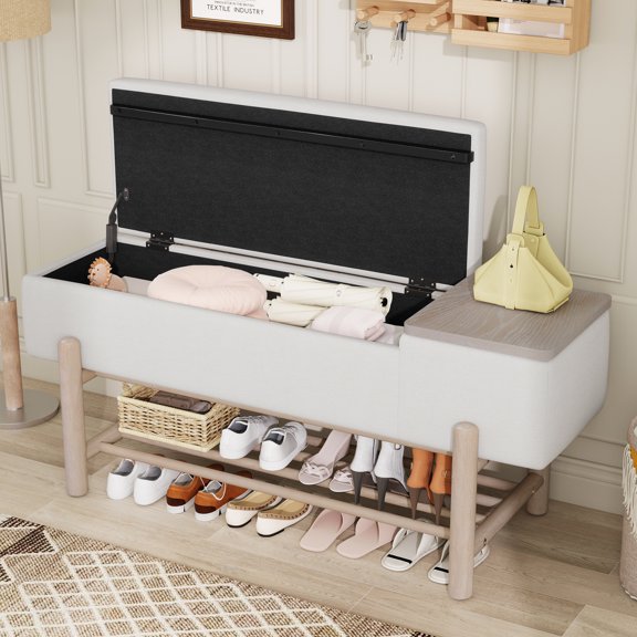 TREXM Farmhouse Storage Bench with Hidden Compartment, Natural, 47.2"L