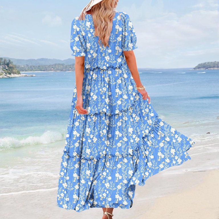 Abomasnow Women's Summer Maxi Dresses Short Sleeve Boho Floral Print Smocked Tie Back Tiered A-Line Flowy Cruise Vacation Dress Abomasnow Women's Summer Maxi Dresses Short Sleeve Boho Floral Print Smocked Tie Back Tiered A-Line Flowy Cruise Vacation Dress