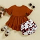 thumbnail image 5 of Ropa Para Bebé (Niño O Niña), Traje Para Niño Pequeño, Moda, Color Sólido, Volantes, Manga Corta, Top, Pantalones Cortos Con Estampado De Leopardo, Traje Marrón Odeerbi LM103-9059, 5 of 9