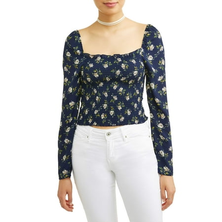 - Juniors' Printed Smocked Puff Long Sleeve Cropped Blouse