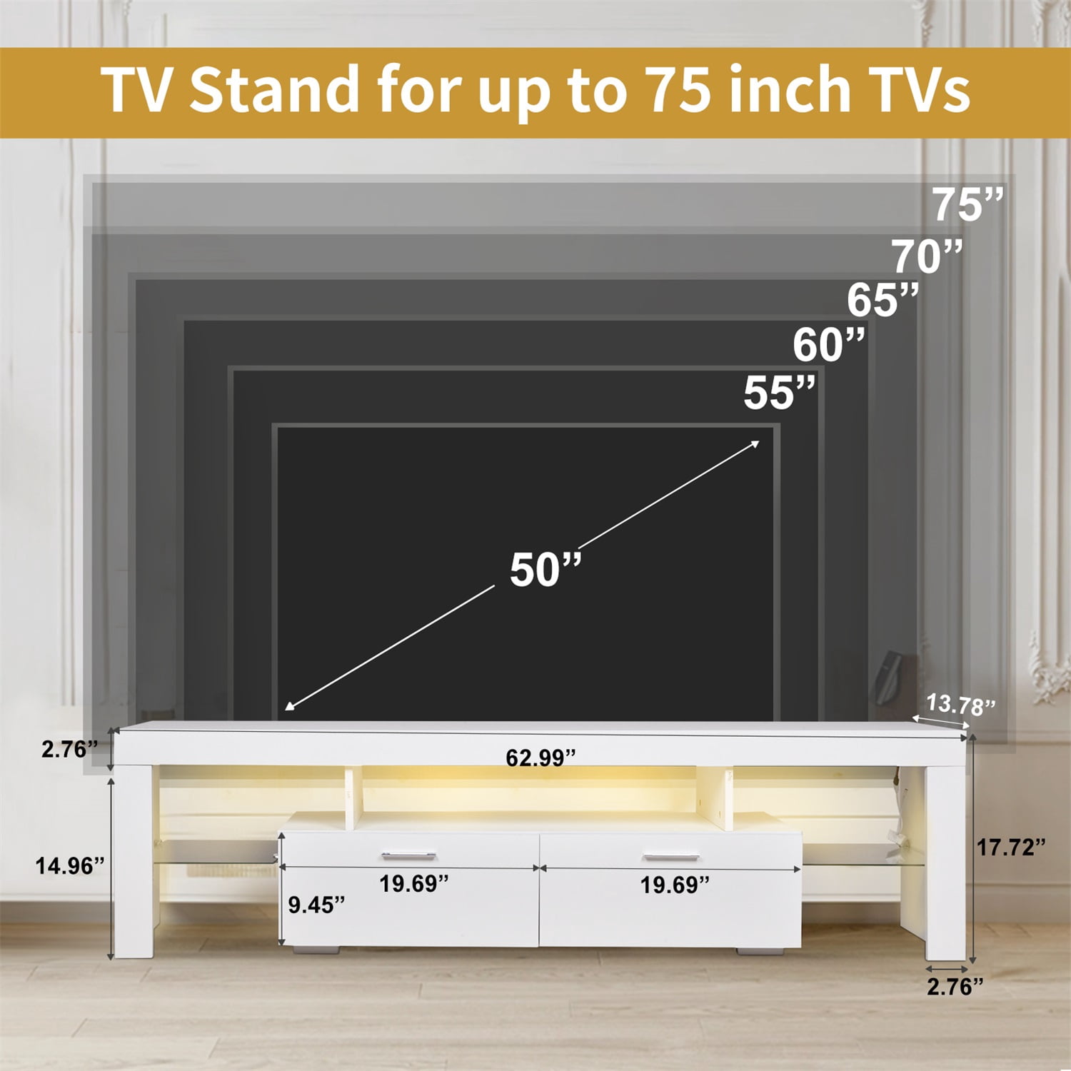 Hommoo 2 Drawers Modern TV stand with LED light, TV Media Console Entertainment Center with Storage, glass shelf Wood TV cabinet for Up to 75 inch, for Living room, Games room and bedroom, White