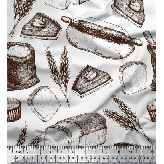 Soimoi Moss Georgette Fabric Rolling Pin,Wheat & Sandwich Bread Food Printed Fabric 1 Yard 42 Inch Wide