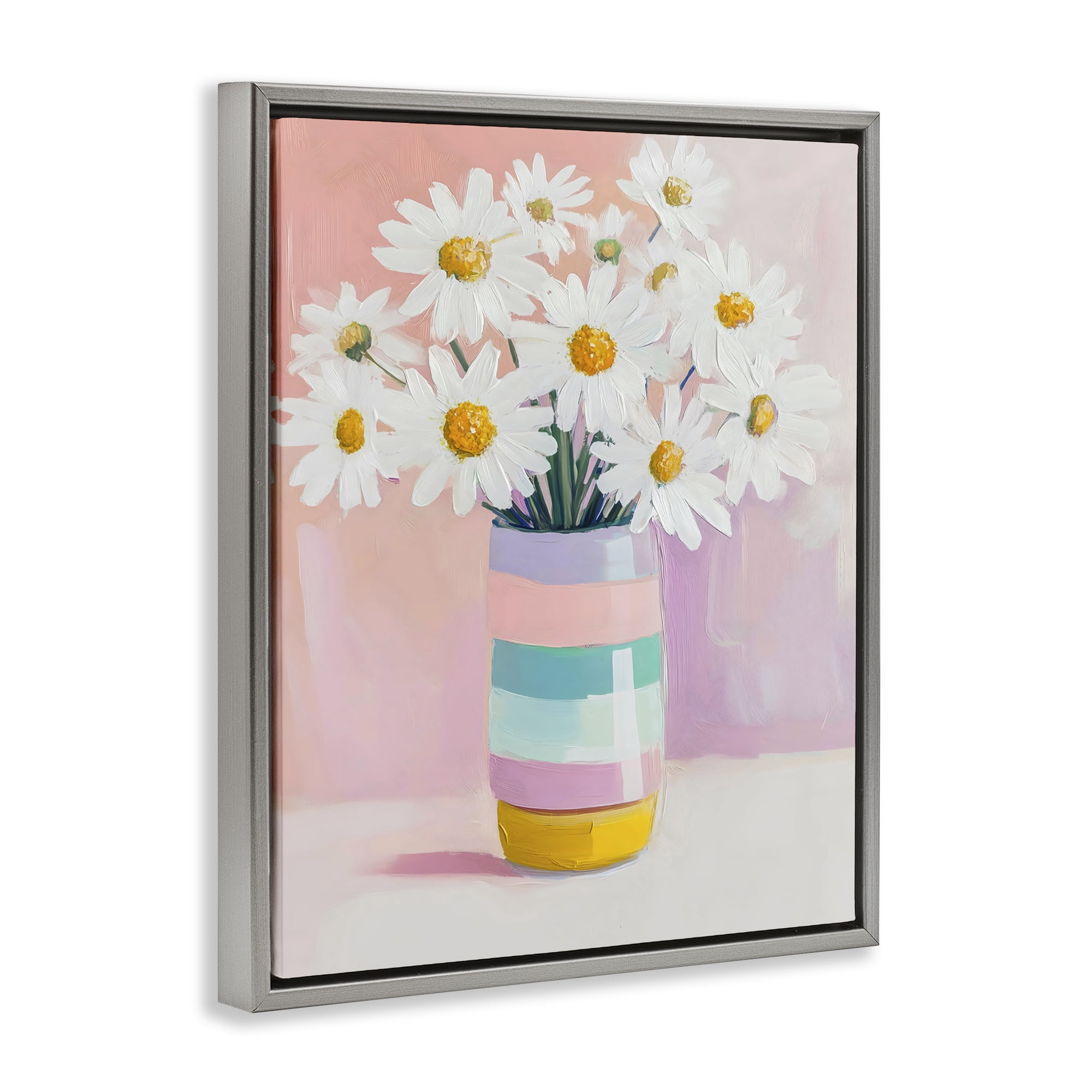 Stupell Industries Daisies in Striped Vase Gray Framed Floater Canvas Wall Art, design by The Prints Vibe
