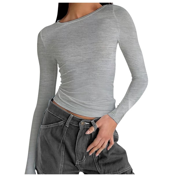 Blusa de mujer de color liso con cuello redondo, manga larga y cierre a presión - Poliéster/spandex - XS-XL