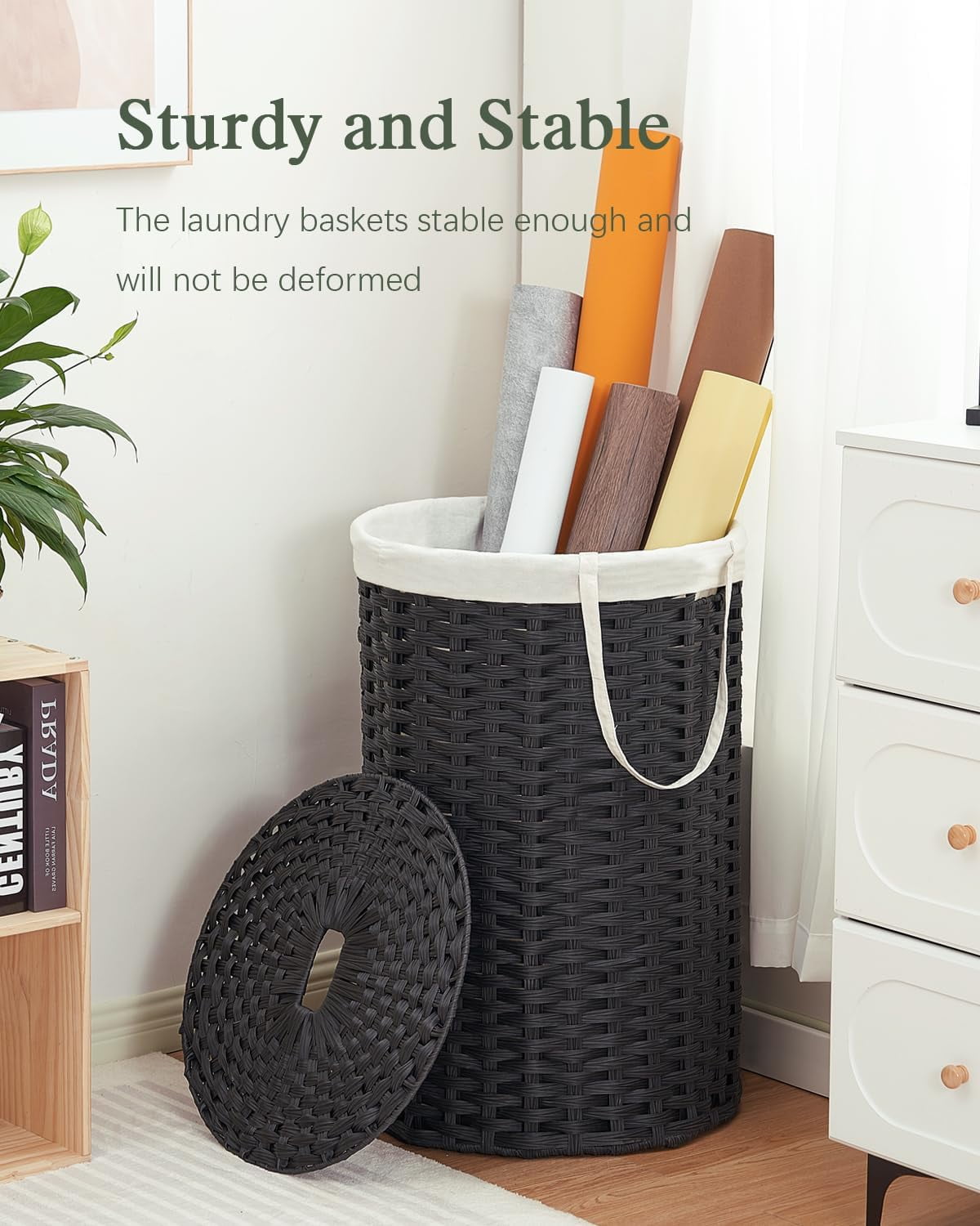 Large Laundry Hamper Laundry Basket Round 34.3 Gal (130 L) Handwoven Wicker Laundry Baskets Rattan Laundry Basket with Laundry Bag Handles 2 Mesh Bags for Living Room Bedroom Black
