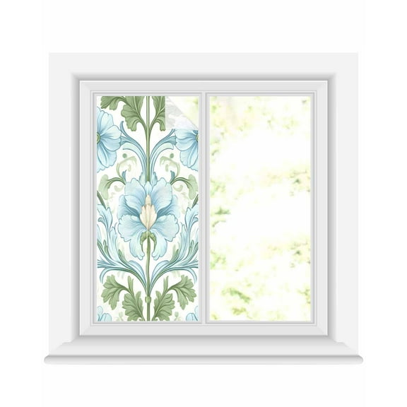 Window Privacy Film Blue Green Spring Floral Stained Glass Window Film Decorative Sun Block Window Cover Summer Botanical Country Window Clings Static Adhesive Sticker for Bathroom 17.7"x39.3"