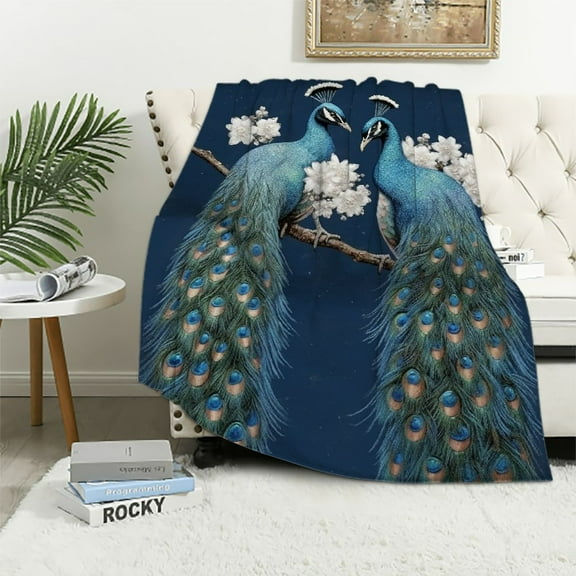 PRATYUS Peacock Feathers Flowers Flannel Throw Blanket for Sofa Couch, Cozy Lightweight Travel Outdoor Blanket, All Seasons Desk Chair Gifts, Size: XXL 40x50in