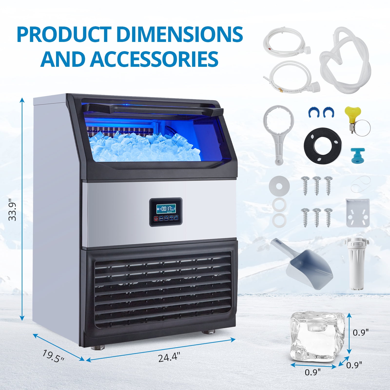Garvee Commercial Ice Maker Machine 265lbs/24H, Stainless Steel Under Counter Ice Maker with 55lbs Storage, Single Water Inlet, Efficient Ice Production, Silver & Black
