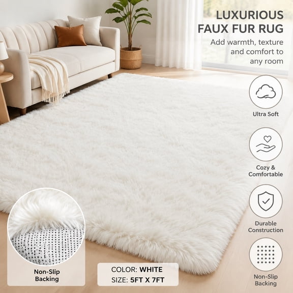 5x8 Soft Plush White Shag Area Rug for Living Room and Bedroom – Fluffy Carpet