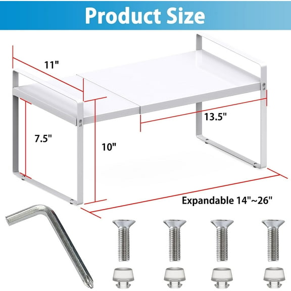 Expandable Cabinet Shelf Organizer 14-25 Inch Adjustable Length, 2-Tier Metal Storage Rack for Kitchen Pantry - Heavy Duty White (1 Pack)