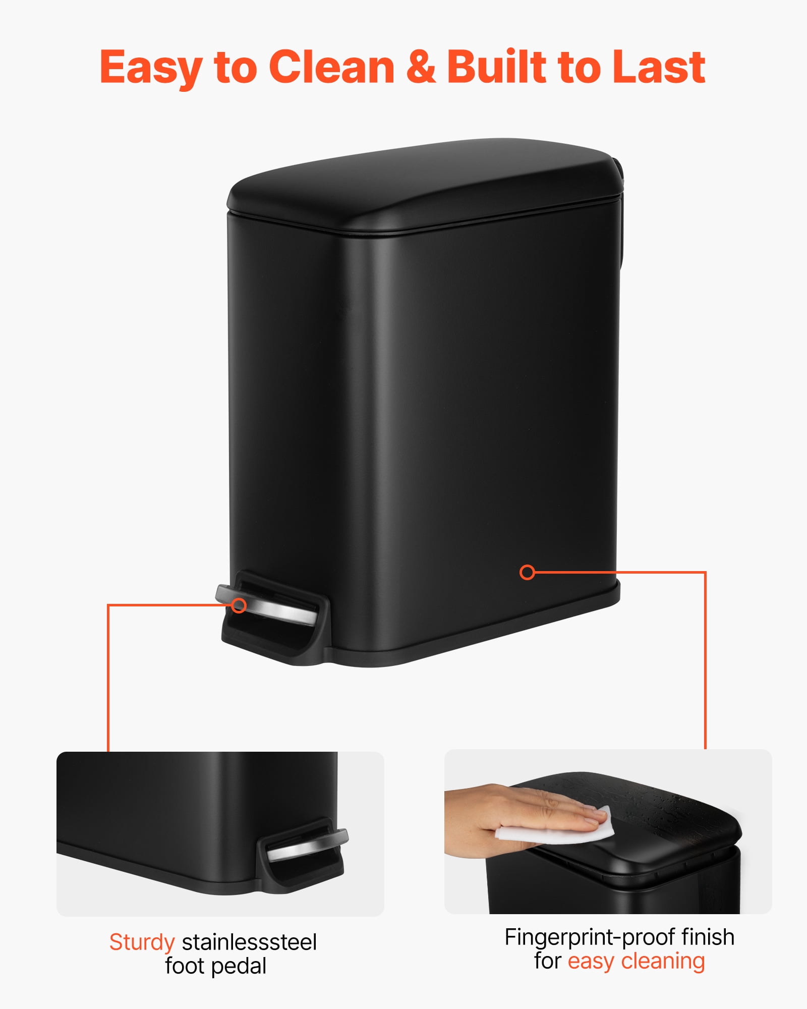 VEVOR Slim Bathroom Trash Can, 11.4 x 5.71 x 10.7 Inch Small Bedroom Trashcan with Step Pedal & Soft Close Lid, 6L Steel Garbage Can with Detachable Inner Bin, for Kitchen, Home, Dorm,Office,Black