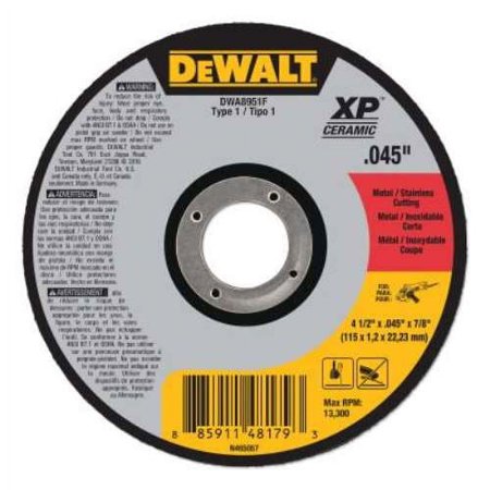 UPC: 0885911481793 | DeWalt 4-1/2  XP Ceramic Type 1 Metal Cutting Wheel  7/8   25/BX (115-DWA8951F)
