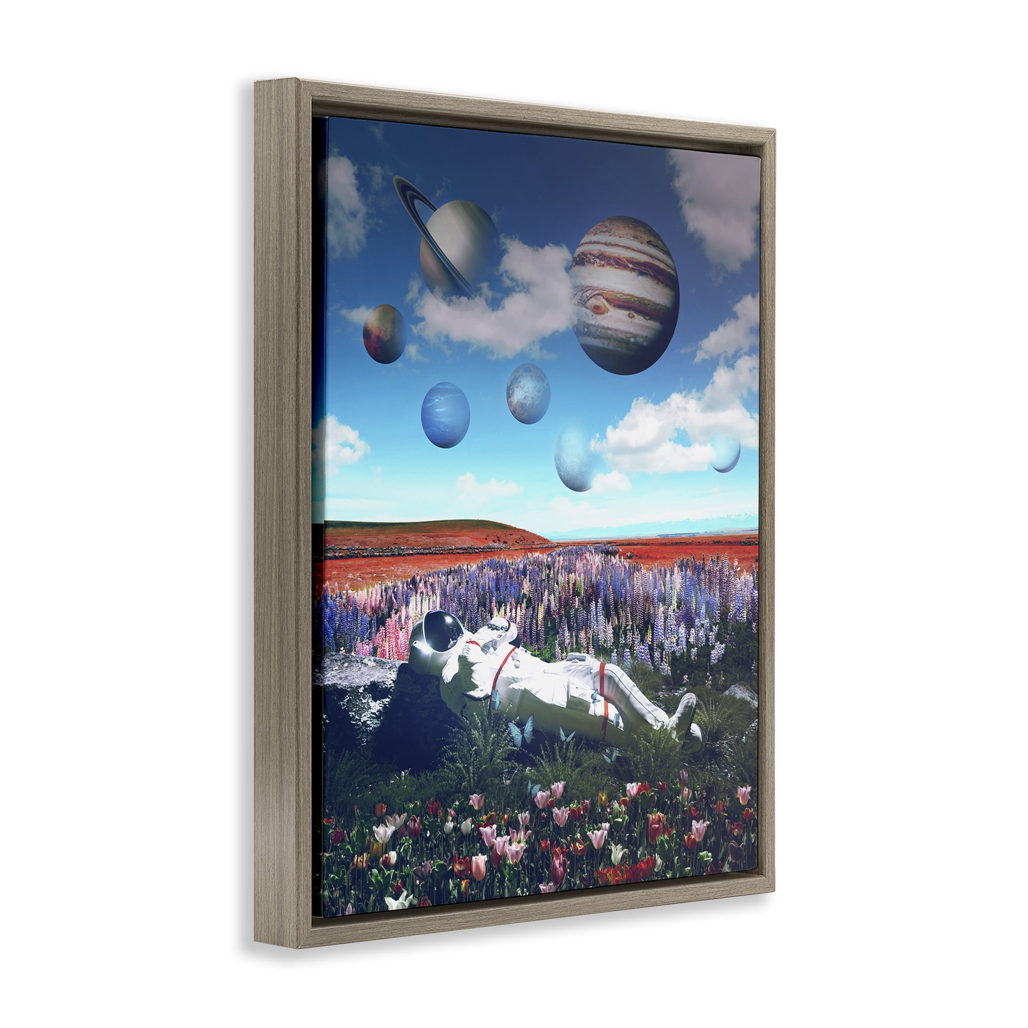 Stupell Industries Astronaut & Overhead Planets Astrology & Stars Painting Brown Floater Framed Canvas Art Print Wall Art, 25 x 31