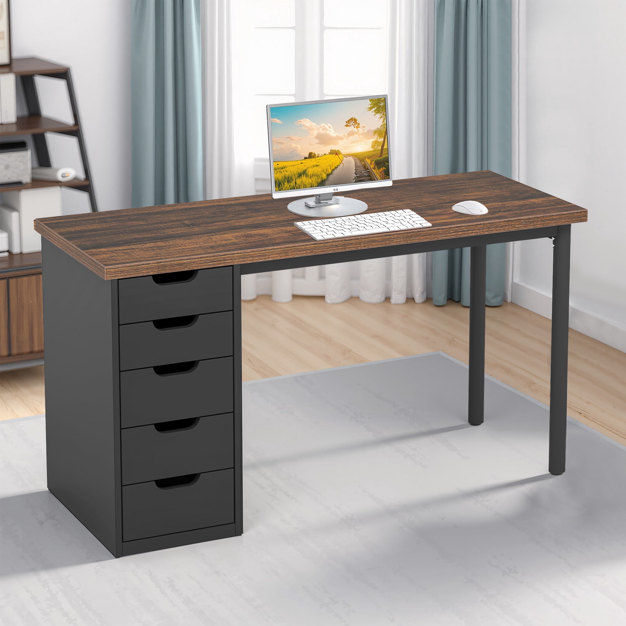 MAYEERTY 47.24" Industrial Desk, 5 Drawers with Metal Rails, 1.18" Thick Engineered Wood