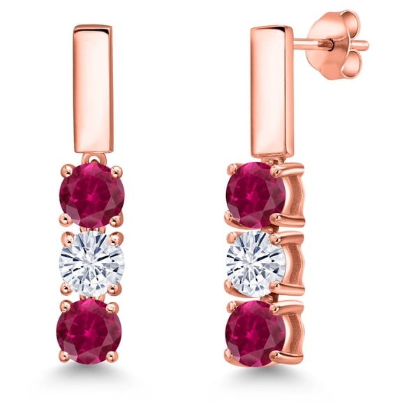 Gem Stone King 18K Rose Gold Plated Silver Red Created Ruby and White Moissanite Drop Dangle Earrings for Women | 1.70 Cttw | Gemstone July Birthstone | Round 5MM