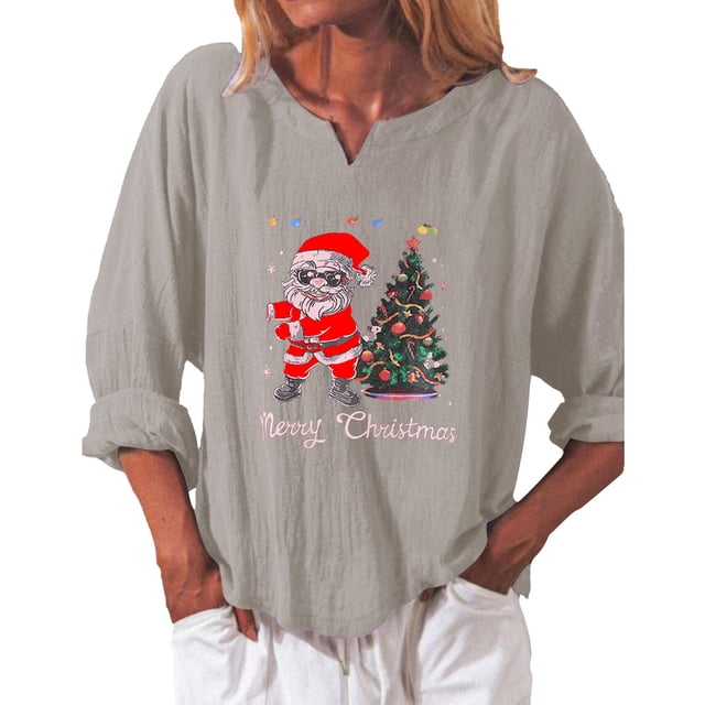 Birdeem Mode Femme Noël T-Shirt Décontracté à Manches Longues Col en V Blouse Tops