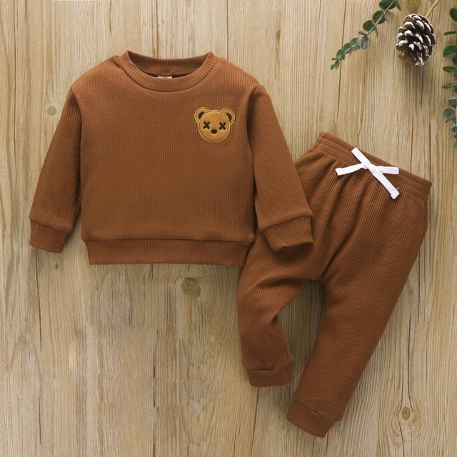 Ensemble Chandail Décontracté à Manches Longues et Col Rond en Coton à Rayures avec Ours Dessin Animé pour Filles et Garçons Automne Hiver