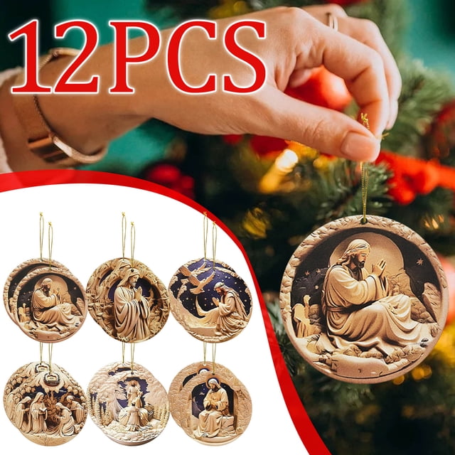 Seyotauo 12 Pcs Nativity Christmas Ornaments - Religious Ornaments for Christmas Tree Hanging - The Birth of Jesus Wooden Decoration Holy Family Xmas Gift for Friend Family Xmas Holiday