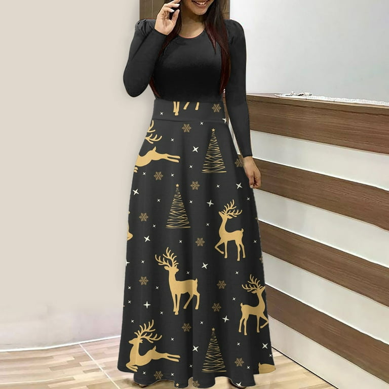 Puawkoer Women Long Sleeve Christmas Print Party Elegant Casual Fashion Evening Party Long Dress womens tops L Q Walmart