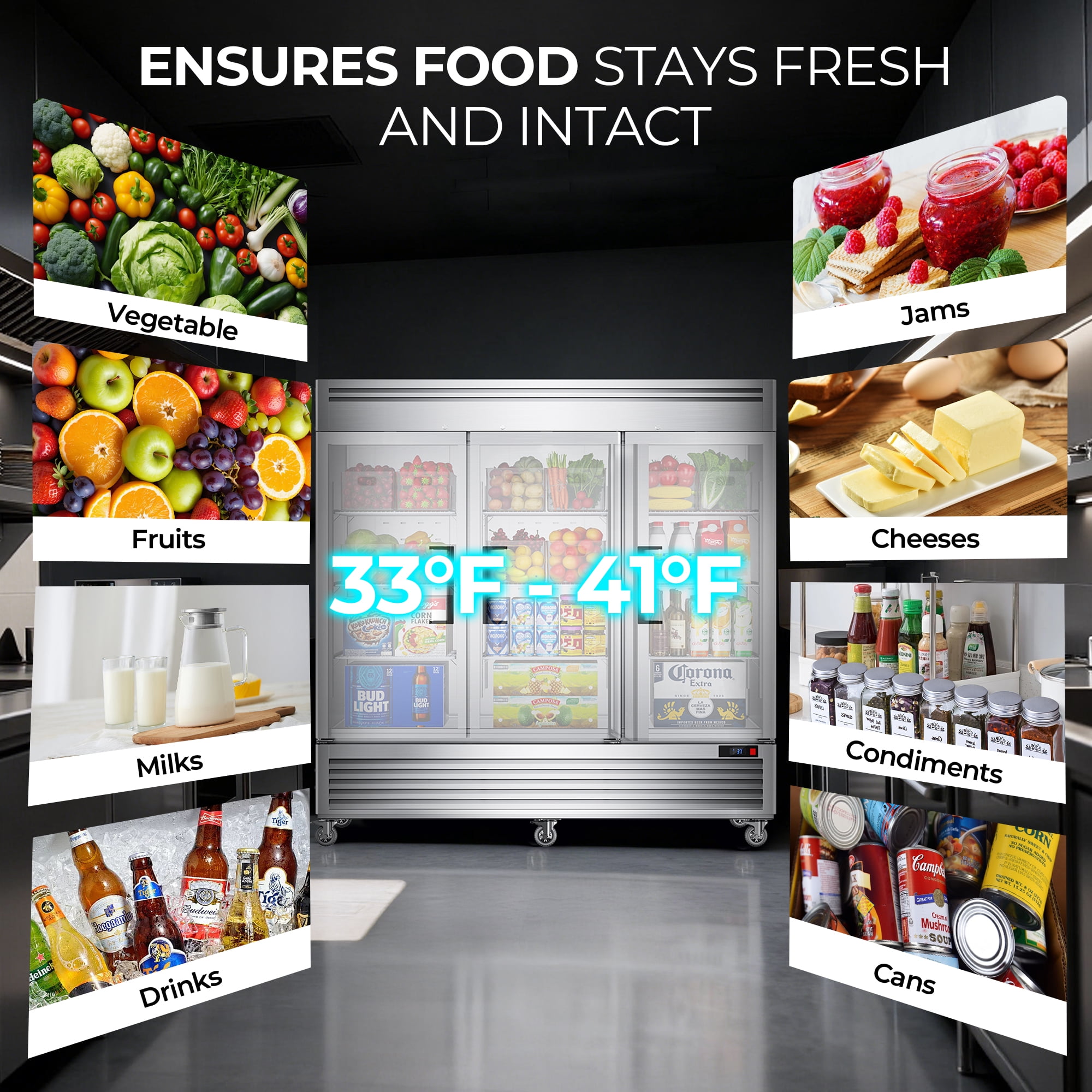 Coolake 82" Width Commercial Refrigerator 3 Solid Doors, 72 Cu.ft Stainless Steel Reach-in Upright Fridge with LED Lighting, Fan Cooling Refrigerator for Restaurant Cafe Hotel Kitchen Prep Area