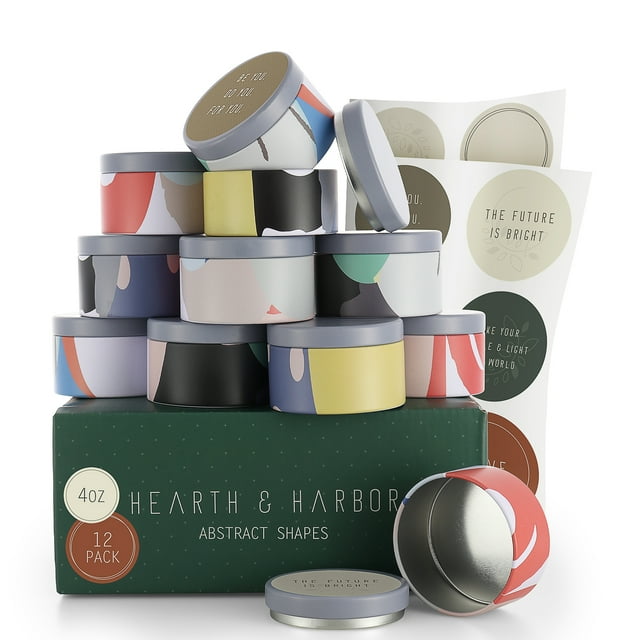 Hearth & Harbor Tin Candle Jars for Making Candles - 4 Oz, 12 PCs DIY Candle Containers with Lids - Metal Candle Jars - Bulk Tins Storage for Candle - Abstract Shapes