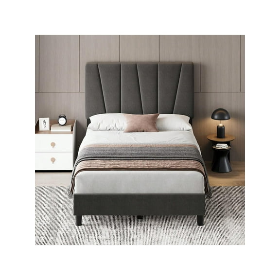 Twin/Full/Queen/King Size Bed Frame With Adjustable Headboard, Linen Upholstered Platform Bedframe With Strong Wooden Slats, Mattress Foundation, No Box Spring Needed, Easy Assembly, Grey
