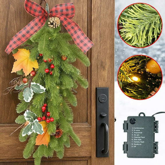 26" Pre-lit Christmas Teardrop Swag Artificial Wreath with LED Lights for Door Window Fireplace Indoor Outdoor Home Decor