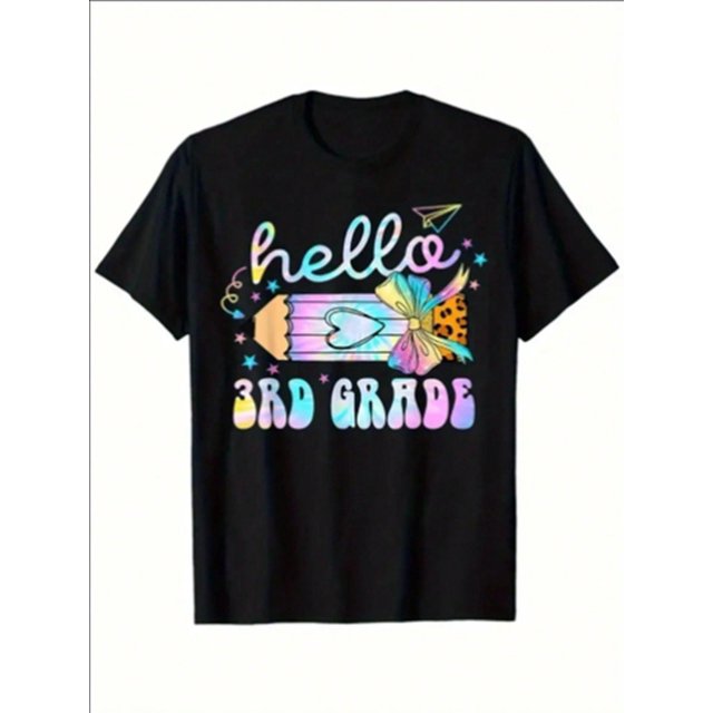 1pc Back To school Hello Third 3rd Grde Tie Dye Pencil Girls Boys Girls T-shir, Back To school T-shirt Black short sleewe T shirt