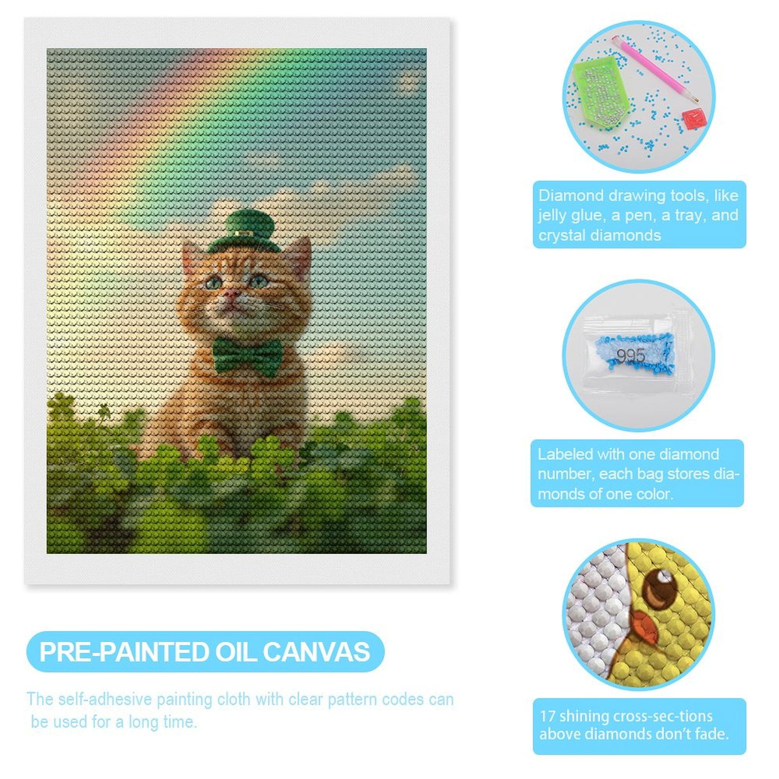 Diamond Art Kits for Adults, Cat Green Bowtie Rainbow 5D Diamond Painting Kits for Adults Beginners, DIY Full Drill Diamond Painting, Gem Art and Crafts 12x16