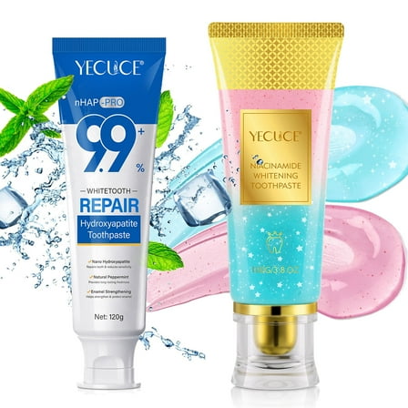 (2-Pack Set) Yecuce Whitening Toothpaste, 9.9% Hydroxyapatite Toothpaste (Mint) + Niacinamide Whitening Toothpaste 100g (Peach), Protect Enamel, Health Gum, Fresh Breath for Oral Care