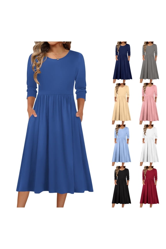 Spring Midi Dress, 3/4 Sleeve Fit & Flare Dress with Defined Waist, Fresh and Polished for Easter, Mothers Day & Daytime Events. Sky Blue 2XL