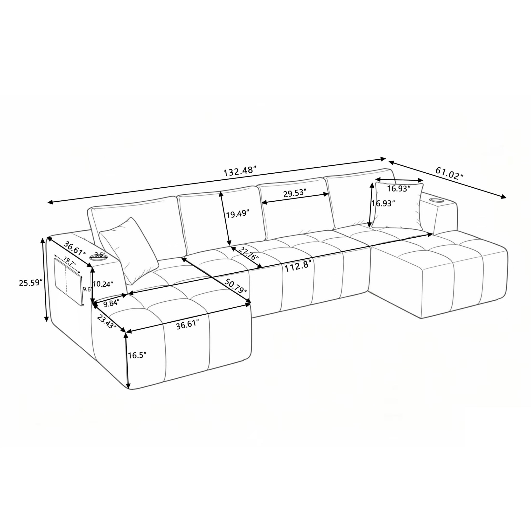 Vinform 132" U-Shaped Modular Sectional Cloud Sofa with 2 Cup Holders for Living Room, Dark Gray
