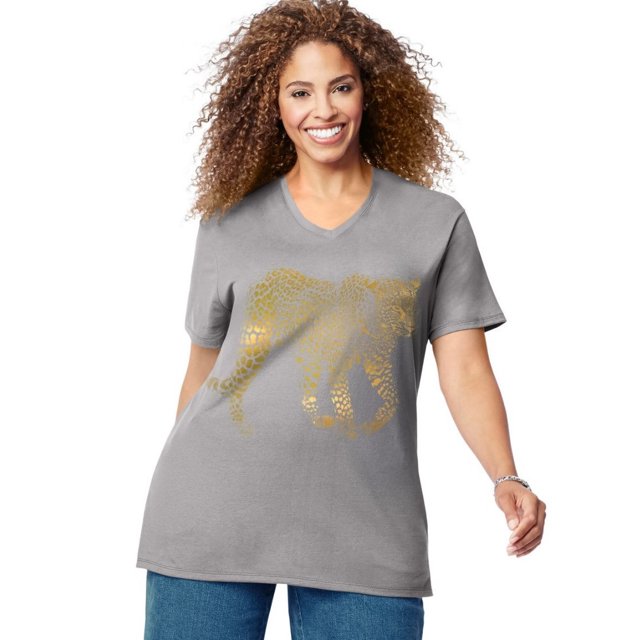 Just My Size Womens Short Sleeve Graphic Tee, 1X, Leopard Light Steel