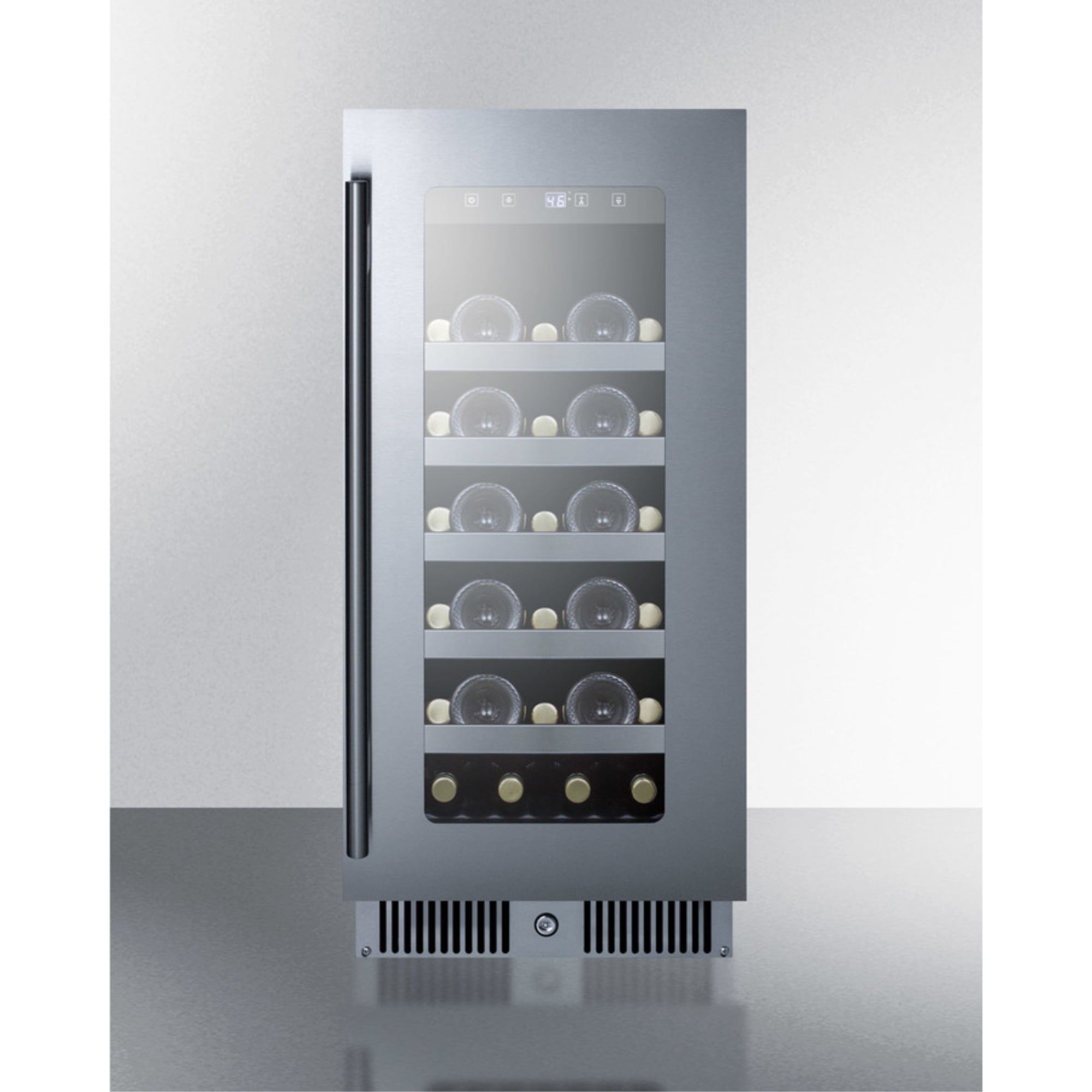 15" wide built-in wine cellar with seamless stainless steel door trim
