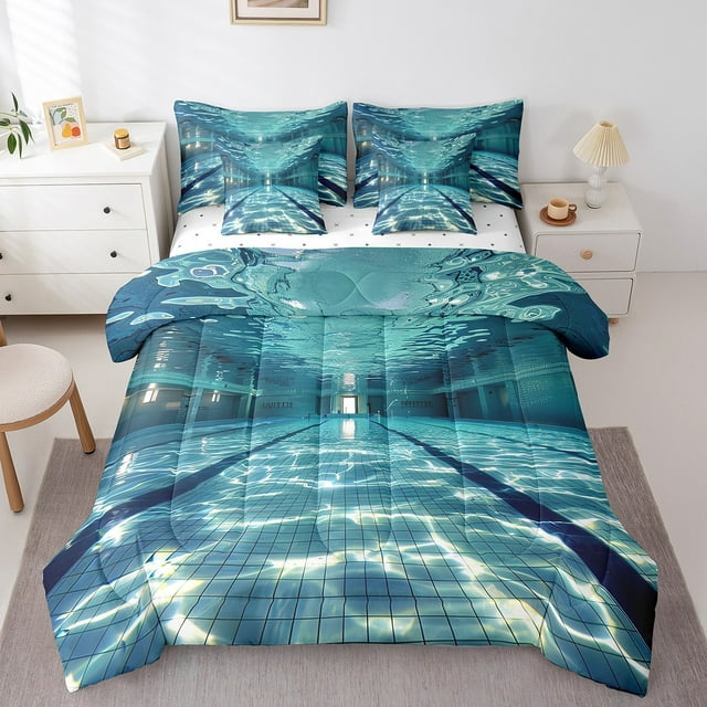 YST Swimming Pool 7-Piece Comforter Set, Twin Bed Size, Underwater View, Marine Theme, Ocean-Inspired