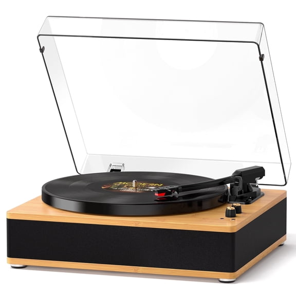 TANLANIN 3-Speed Bluetooth Record Player with Built-in Speakers, Full-Size Turntable, Auto Stop, Brown