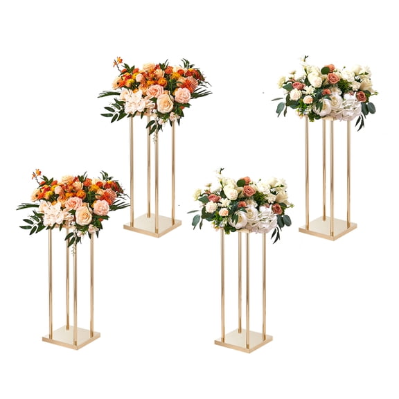 KFFKFF 4-Piece Set Golden Metal Columns, 23.6" Tall, Featuring Metal Laminate, Geometric Vase Stands for Centerpieces, Round Floral Display Racks for Weddings, Receptions