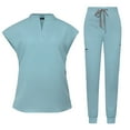 thumbnail image 3 of BiZtdJrK Women Scrubs Sets V Neck Cap Sleeve Tops and Jogger Pants Two Piece Outfits Drawstring Nursing Uniform Set with Pockets Light Blue XXL, 3 of 6