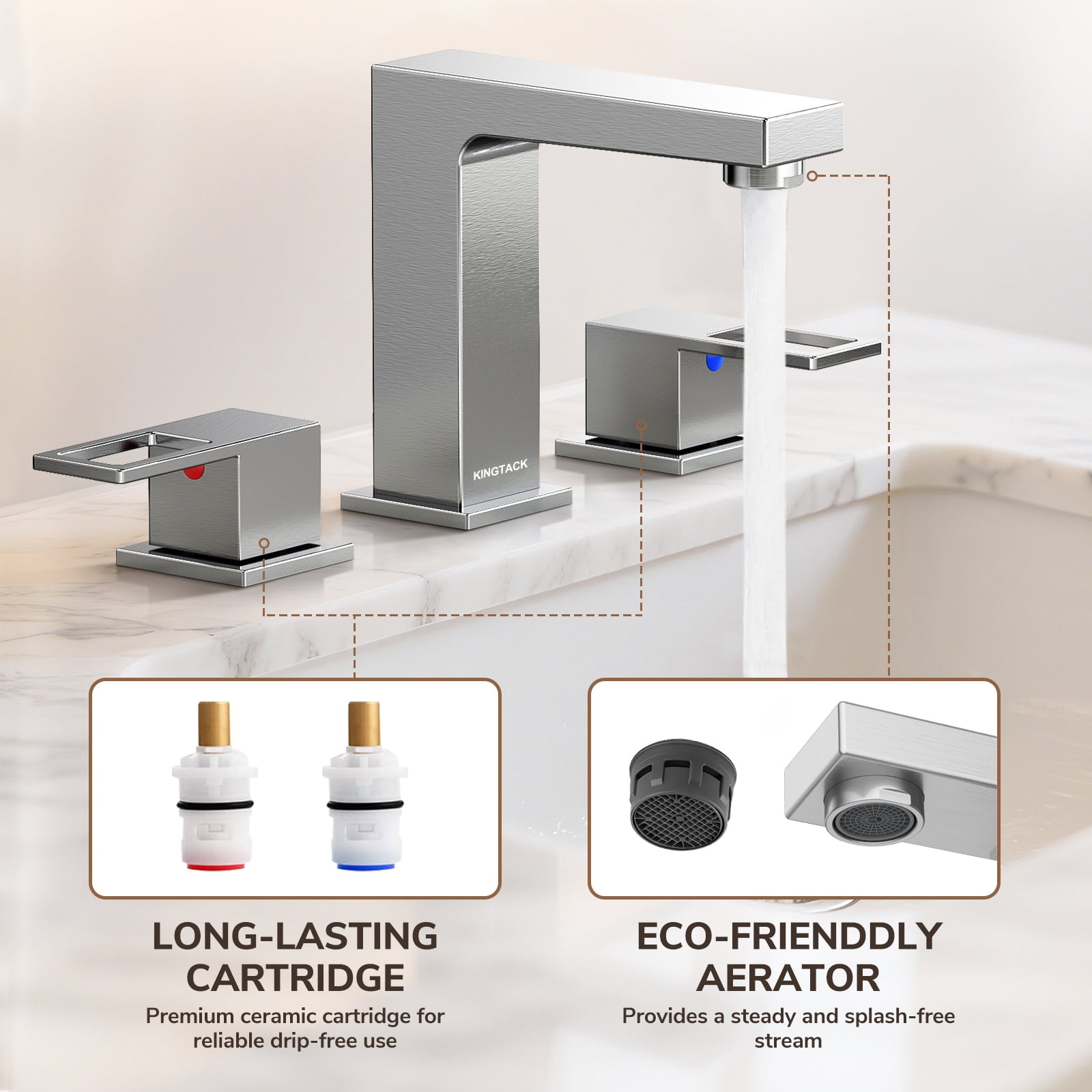 KINGTACK Bathroom Sink Faucet, 8 inch Brushed Nickel Bathroom Faucet with Pop Up Drain, 2 Handle Vanity Faucet with Water Supply Hoses